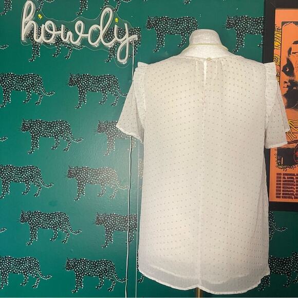 NWOT LOFT White and Gold Polka Dot Ruffle Flowy Short Sleeve Blouse Size SP - Picture 4 of 9